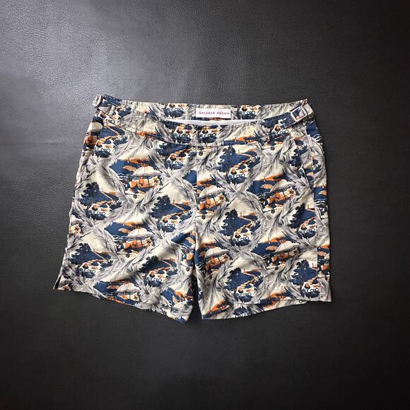 Orlebar Brown Trunks Mens 32 Beige All Over Print Hybrid Shorts Mesh Lined Zip - Picture 1 of 12